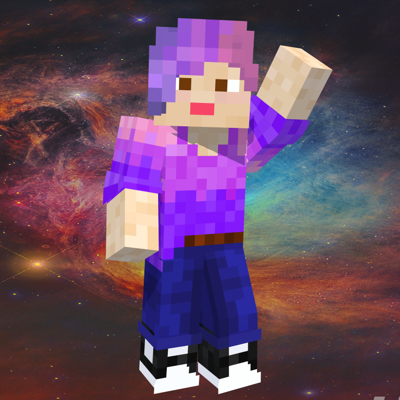 a Minecraft avatar with short hair in a pink/purple/blue horizontal gradient wearing a pink/purple/blue vertical gradient sweater, bluejeans, and black all stars, their hand is raised as if waving, the background is a rainbow colored nebula